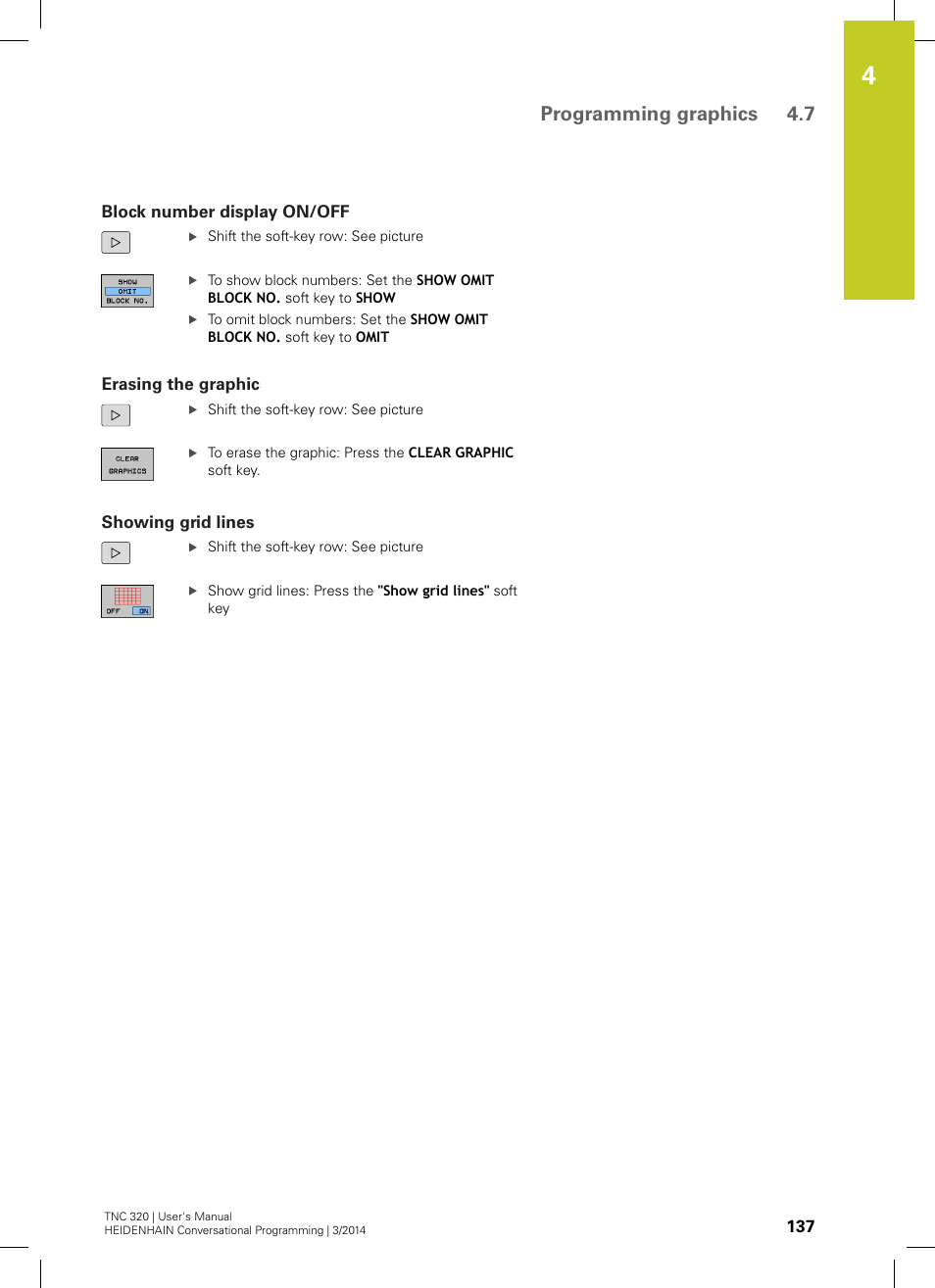 Block number display on/off, Erasing the graphic, Showing grid lines | Programming graphics 4.7 | HEIDENHAIN TNC 320 (77185x-01) User Manual | Page 137 / 581