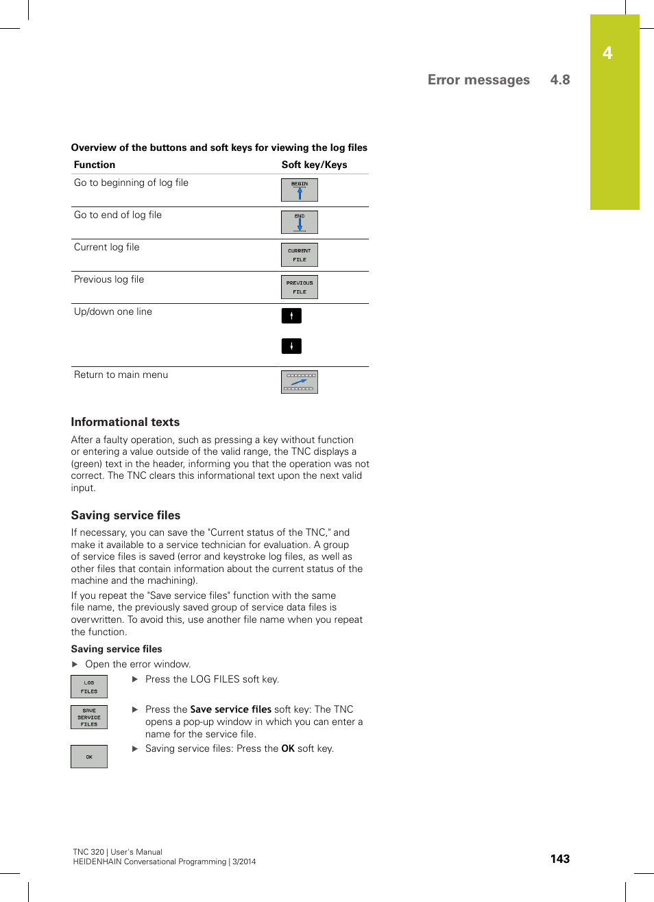 Informational texts, Saving service files, Error messages 4.8 | HEIDENHAIN TNC 320 (77185x-01) User Manual | Page 143 / 581