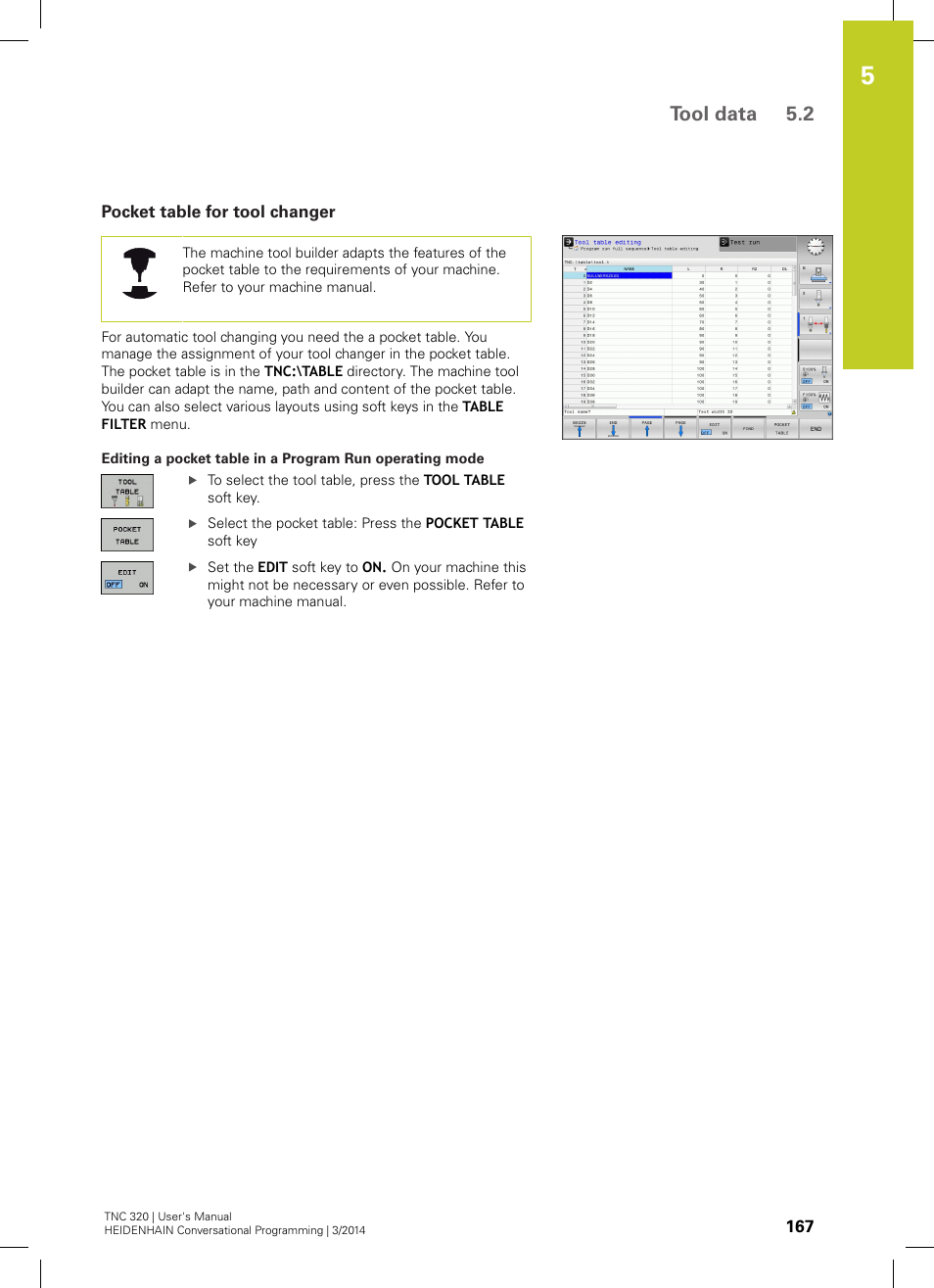 Pocket table for tool changer, Able: see "pocket table for tool, Tool data 5.2 | HEIDENHAIN TNC 320 (77185x-01) User Manual | Page 167 / 581