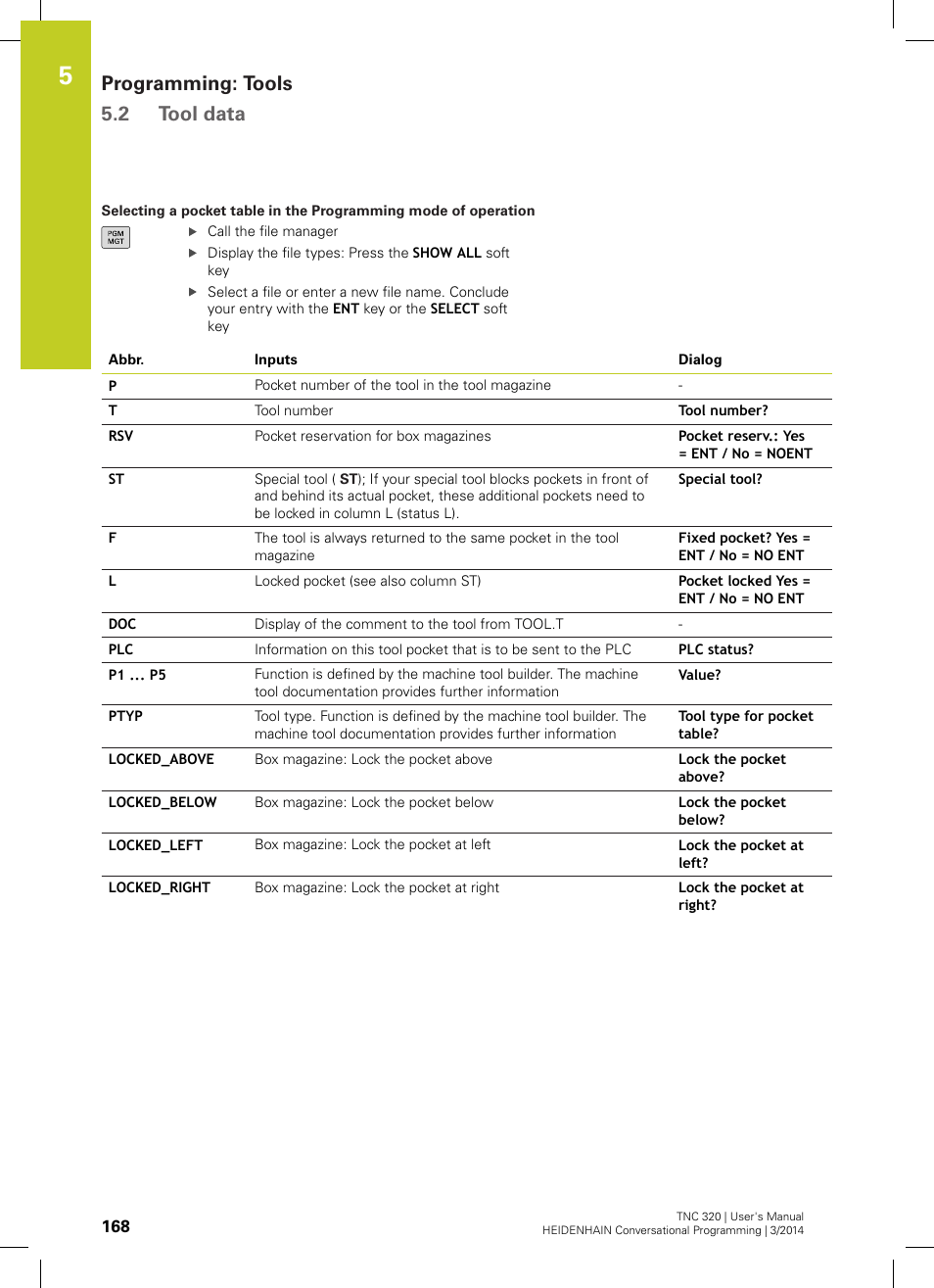 Programming: tools 5.2 tool data | HEIDENHAIN TNC 320 (77185x-01) User Manual | Page 168 / 581