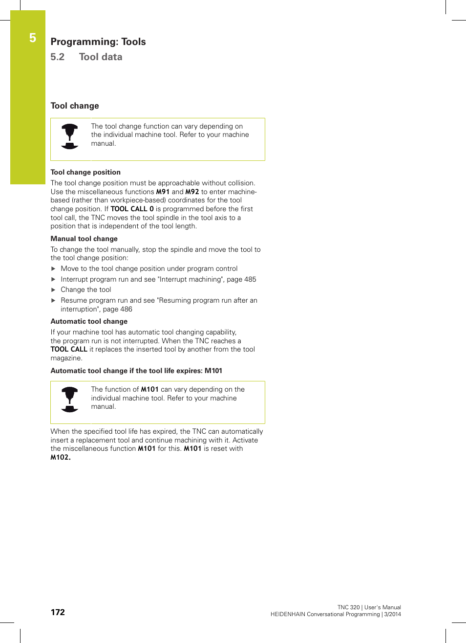Tool change, Programming: tools 5.2 tool data | HEIDENHAIN TNC 320 (77185x-01) User Manual | Page 172 / 581