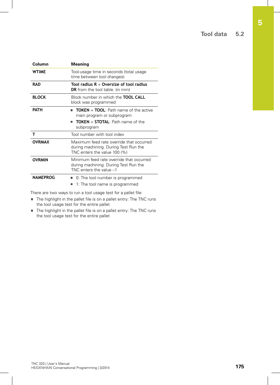 Tool data 5.2 | HEIDENHAIN TNC 320 (77185x-01) User Manual | Page 175 / 581