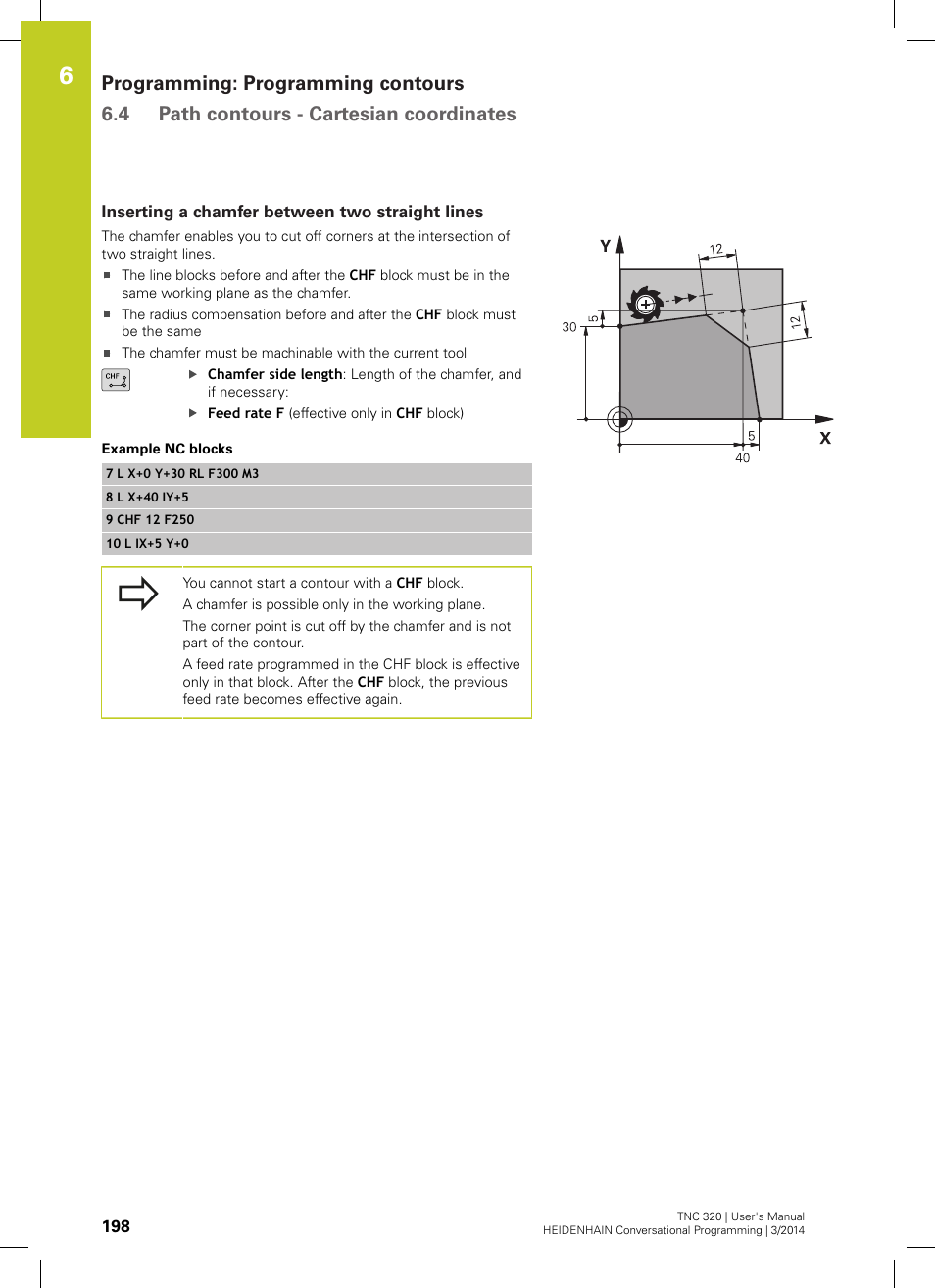 Inserting a chamfer between two straight lines | HEIDENHAIN TNC 320 (77185x-01) User Manual | Page 198 / 581