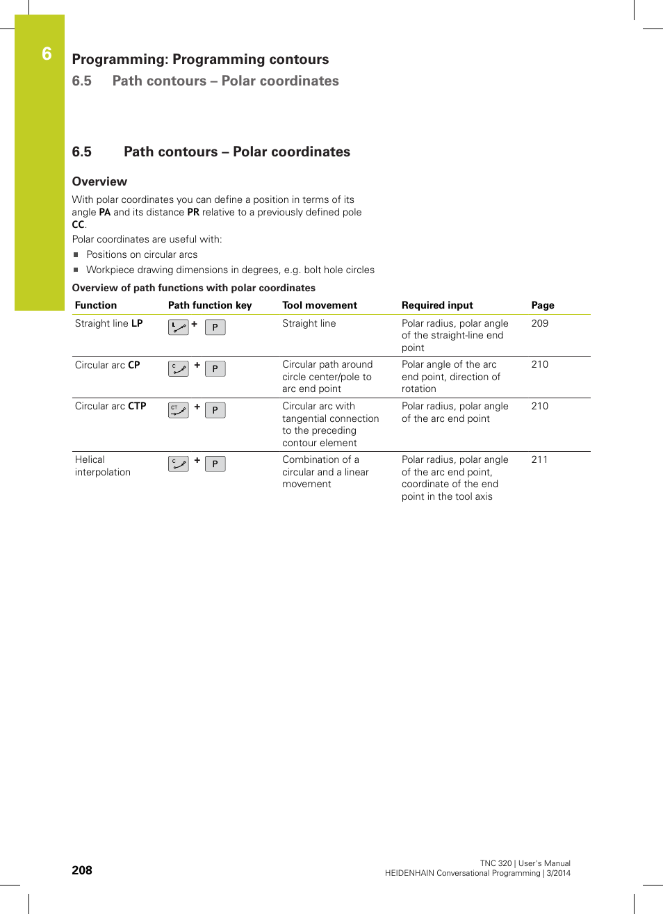 5 path contours – polar coordinates, Overview, Path contours – polar coordinates | HEIDENHAIN TNC 320 (77185x-01) User Manual | Page 208 / 581