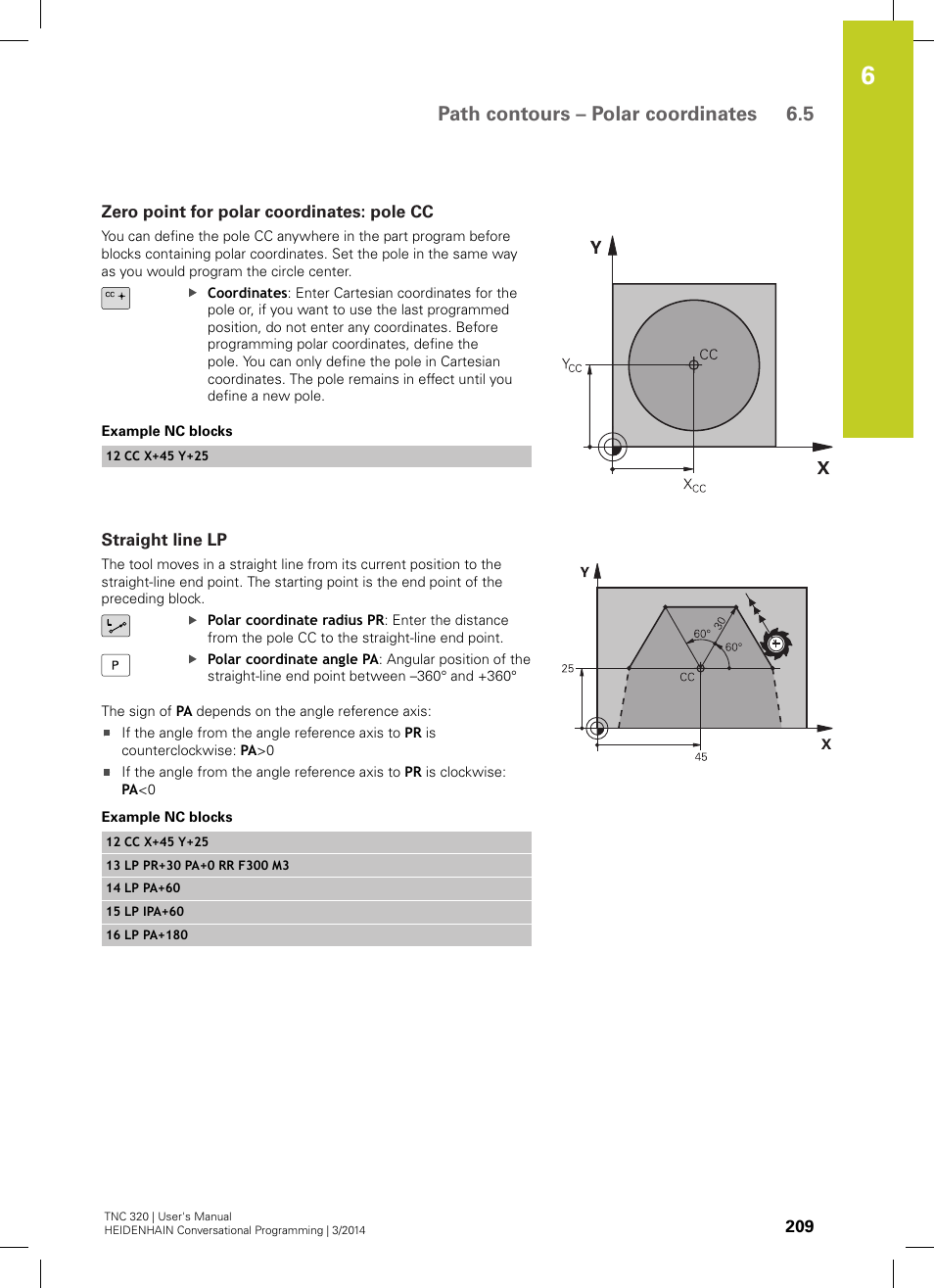 Zero point for polar coordinates: pole cc, Straight line lp, Path contours – polar coordinates 6.5 | HEIDENHAIN TNC 320 (77185x-01) User Manual | Page 209 / 581