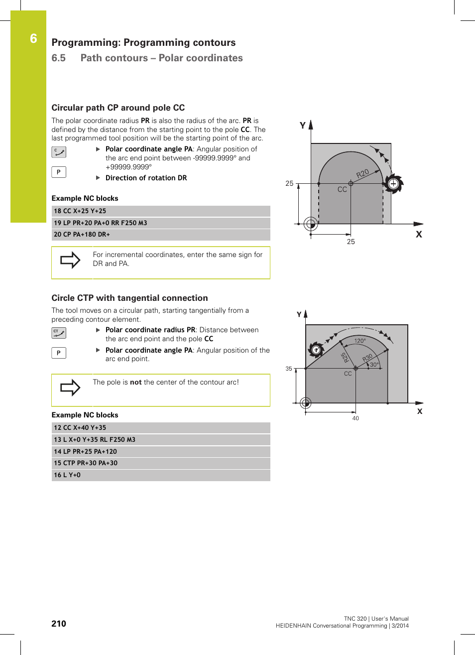 Circular path cp around pole cc, Circle ctp with tangential connection | HEIDENHAIN TNC 320 (77185x-01) User Manual | Page 210 / 581