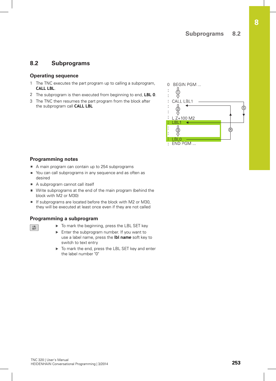 2 subprograms, Operating sequence, Programming notes | Programming a subprogram, Subprograms, Subprograms 8.2 | HEIDENHAIN TNC 320 (77185x-01) User Manual | Page 253 / 581