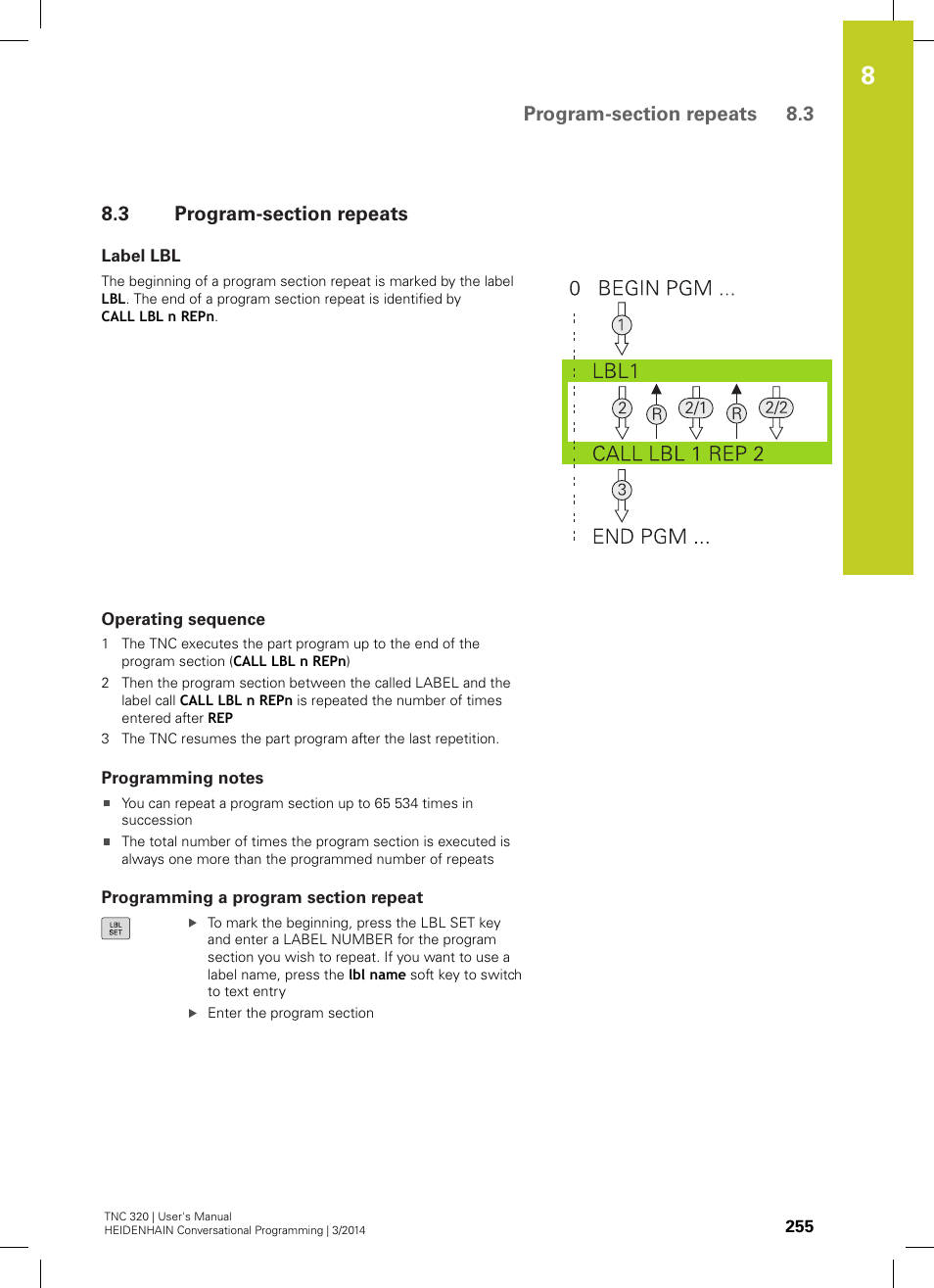 3 program-section repeats, Label lbl, Operating sequence | Programming notes, Programming a program section repeat, Program-section repeats | HEIDENHAIN TNC 320 (77185x-01) User Manual | Page 255 / 581