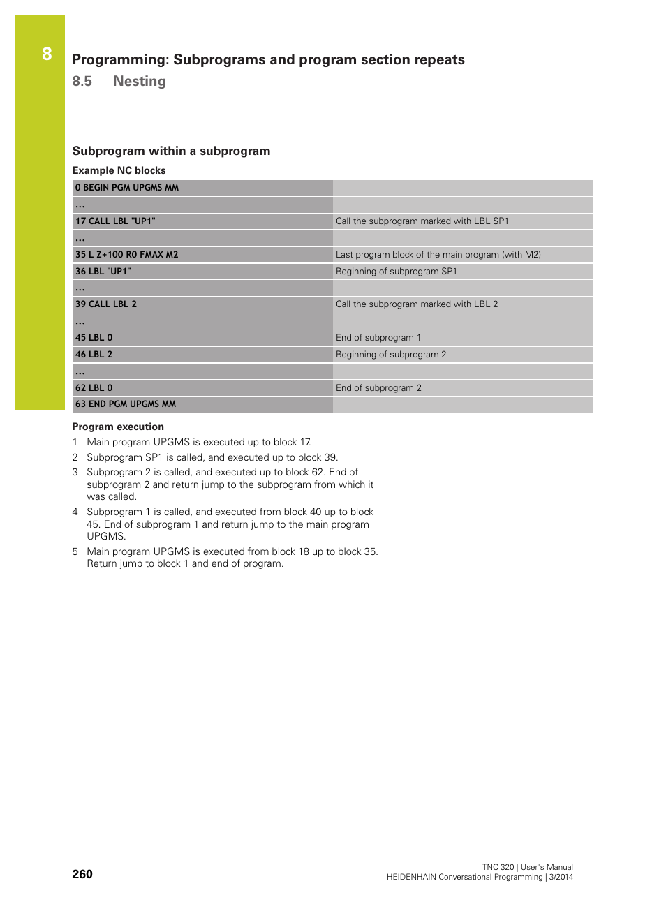 Subprogram within a subprogram | HEIDENHAIN TNC 320 (77185x-01) User Manual | Page 260 / 581