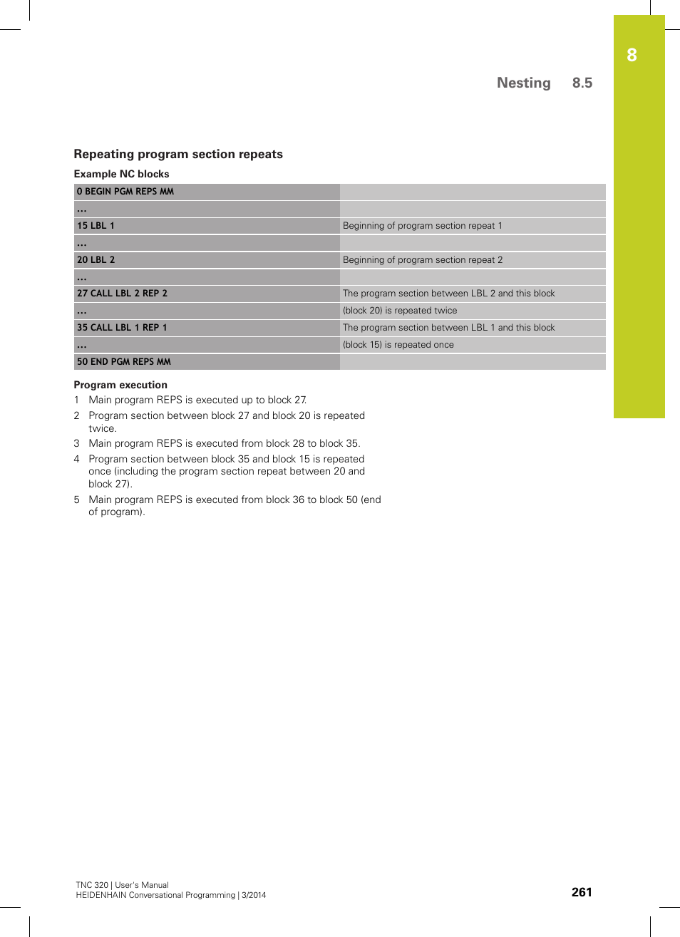 Repeating program section repeats, Nesting 8.5 | HEIDENHAIN TNC 320 (77185x-01) User Manual | Page 261 / 581