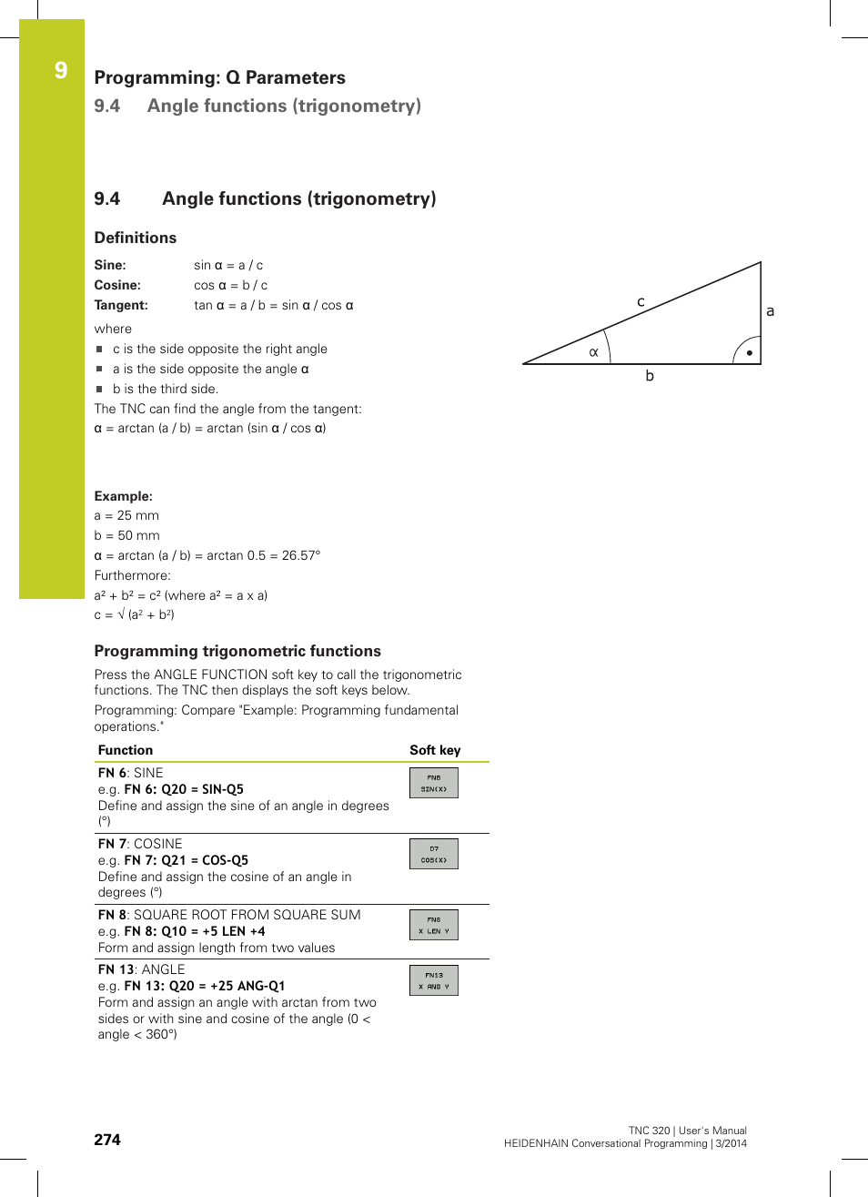 4 angle functions (trigonometry), Definitions, Programming trigonometric functions | Angle functions (trigonometry) | HEIDENHAIN TNC 320 (77185x-01) User Manual | Page 274 / 581