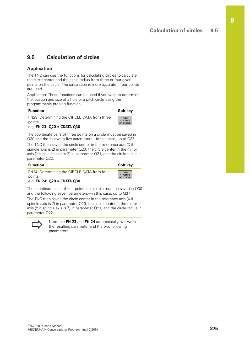 5 calculation of circles, Application, Calculation of circles | Calculation of circles 9.5 | HEIDENHAIN TNC 320 (77185x-01) User Manual | Page 275 / 581