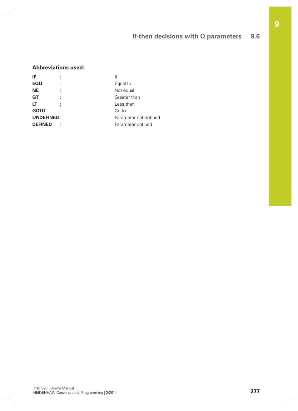 Abbreviations used, If-then decisions with q parameters 9.6 | HEIDENHAIN TNC 320 (77185x-01) User Manual | Page 277 / 581