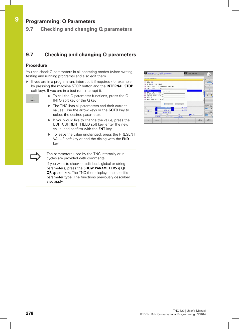 7 checking and changing q parameters, Procedure, Checking and changing q parameters | HEIDENHAIN TNC 320 (77185x-01) User Manual | Page 278 / 581