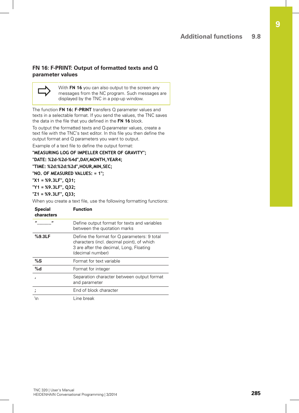 Additional functions 9.8 | HEIDENHAIN TNC 320 (77185x-01) User Manual | Page 285 / 581