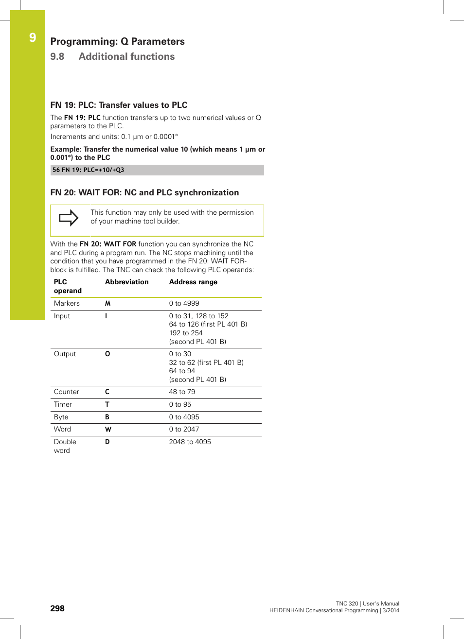 Fn 19: plc: transfer values to plc, Fn 20: wait for: nc and plc synchronization, Programming: q parameters 9.8 additional functions | HEIDENHAIN TNC 320 (77185x-01) User Manual | Page 298 / 581