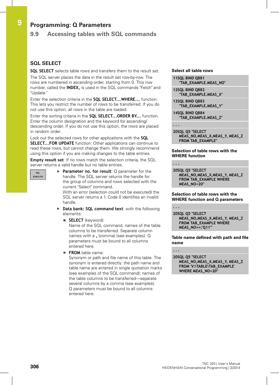 Sql select | HEIDENHAIN TNC 320 (77185x-01) User Manual | Page 306 / 581