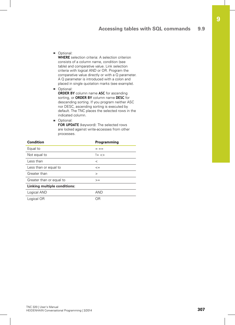 Accessing tables with sql commands 9.9 | HEIDENHAIN TNC 320 (77185x-01) User Manual | Page 307 / 581