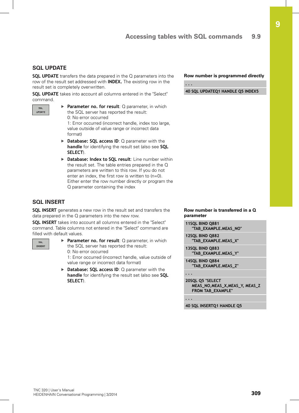 Sql update, Sql insert, Accessing tables with sql commands 9.9 | HEIDENHAIN TNC 320 (77185x-01) User Manual | Page 309 / 581