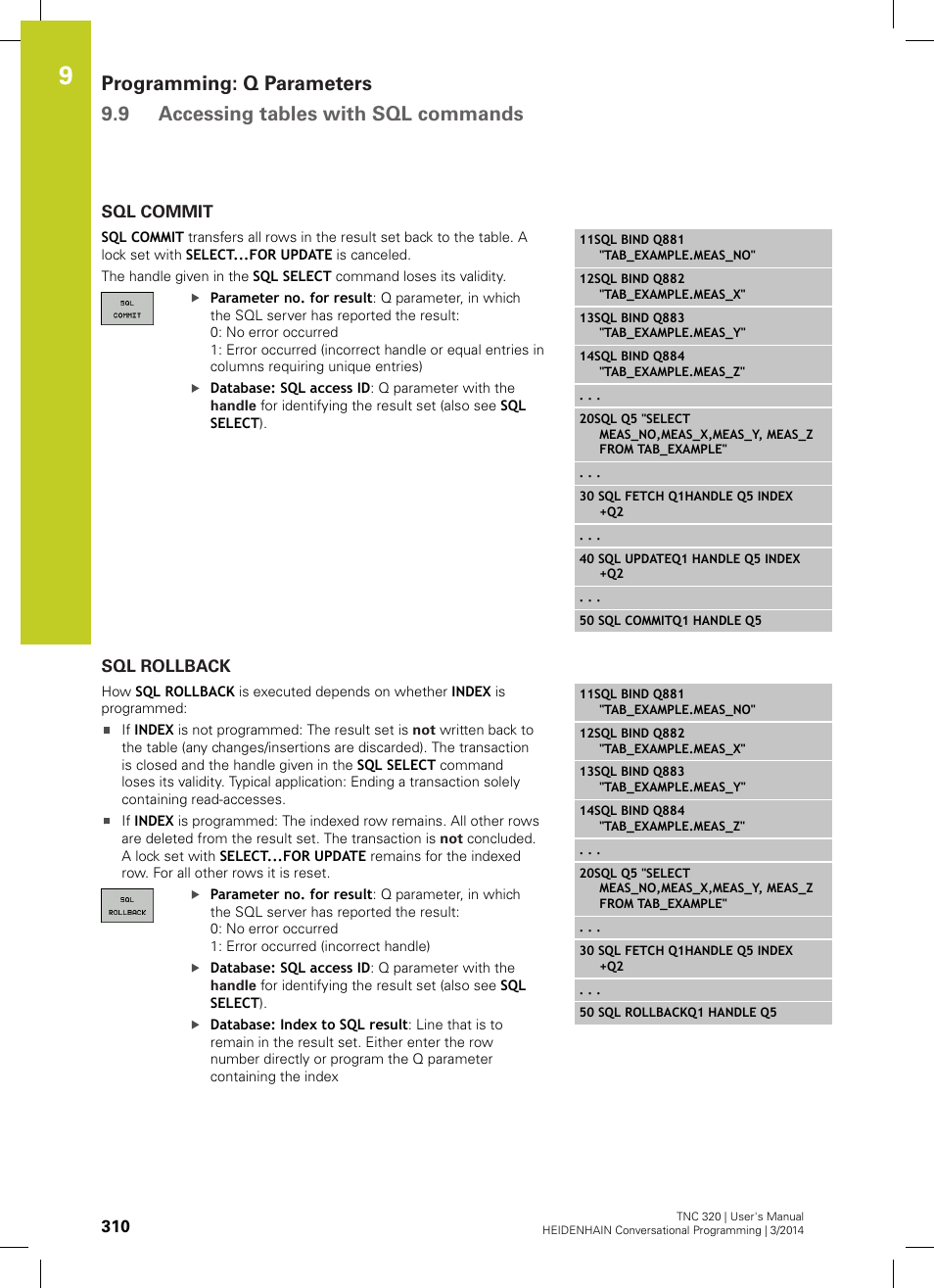 Sql commit, Sql rollback | HEIDENHAIN TNC 320 (77185x-01) User Manual | Page 310 / 581