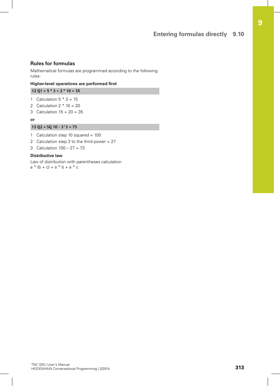 Rules for formulas, Entering formulas directly 9.10 | HEIDENHAIN TNC 320 (77185x-01) User Manual | Page 313 / 581