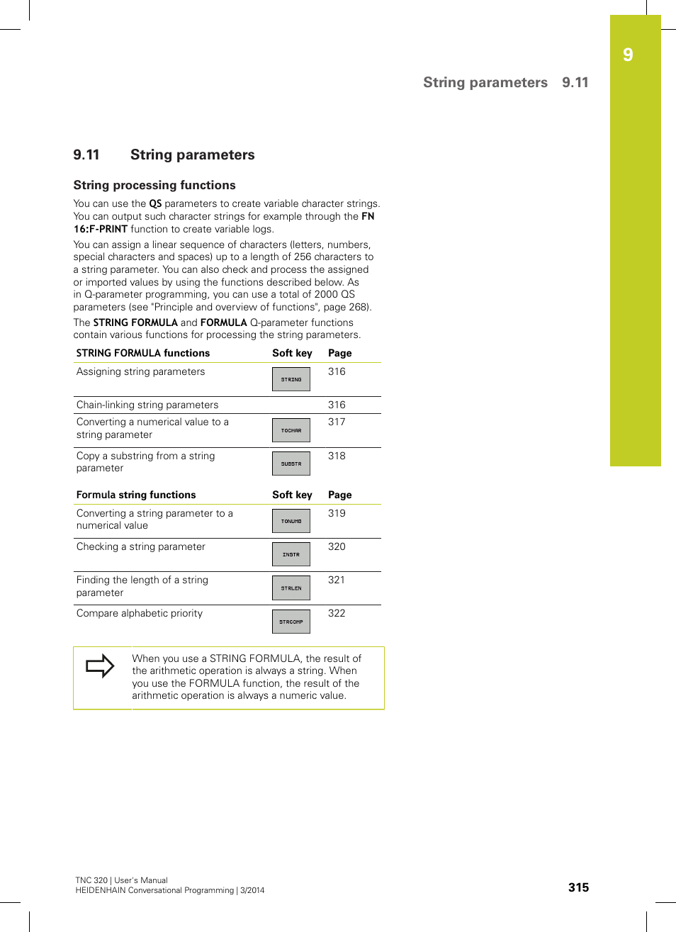 11 string parameters, String processing functions, String parameters | String parameters 9.11 | HEIDENHAIN TNC 320 (77185x-01) User Manual | Page 315 / 581