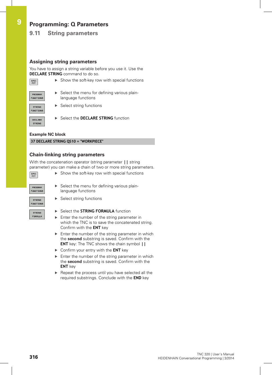 Assigning string parameters, Chain-linking string parameters, Programming: q parameters 9.11 string parameters | HEIDENHAIN TNC 320 (77185x-01) User Manual | Page 316 / 581