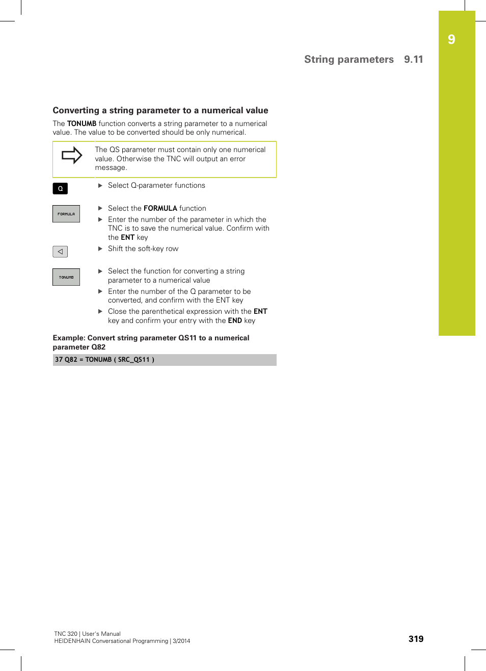 Converting a string parameter to a numerical value, String parameters 9.11 | HEIDENHAIN TNC 320 (77185x-01) User Manual | Page 319 / 581