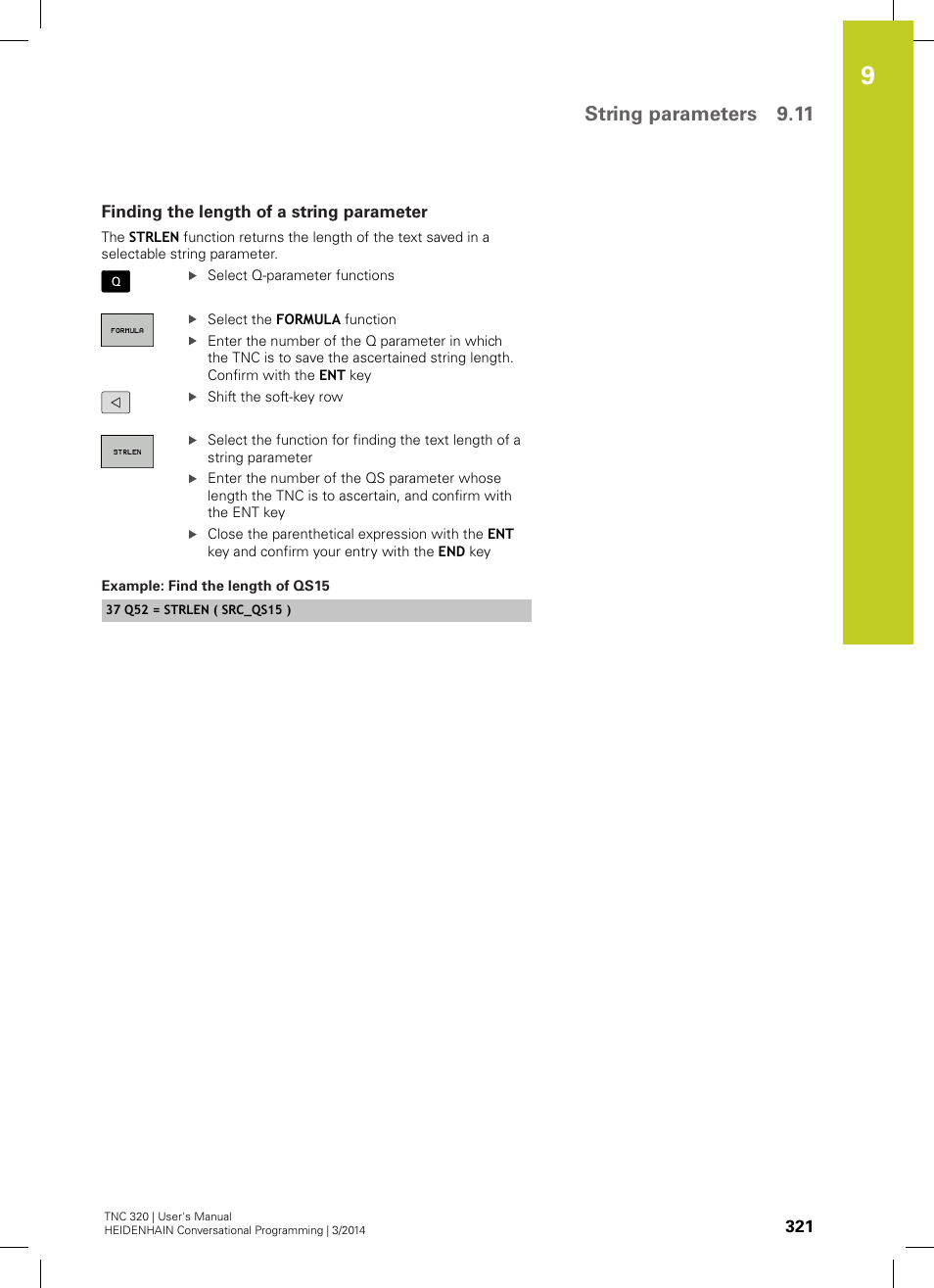 Finding the length of a string parameter, String parameters 9.11 | HEIDENHAIN TNC 320 (77185x-01) User Manual | Page 321 / 581