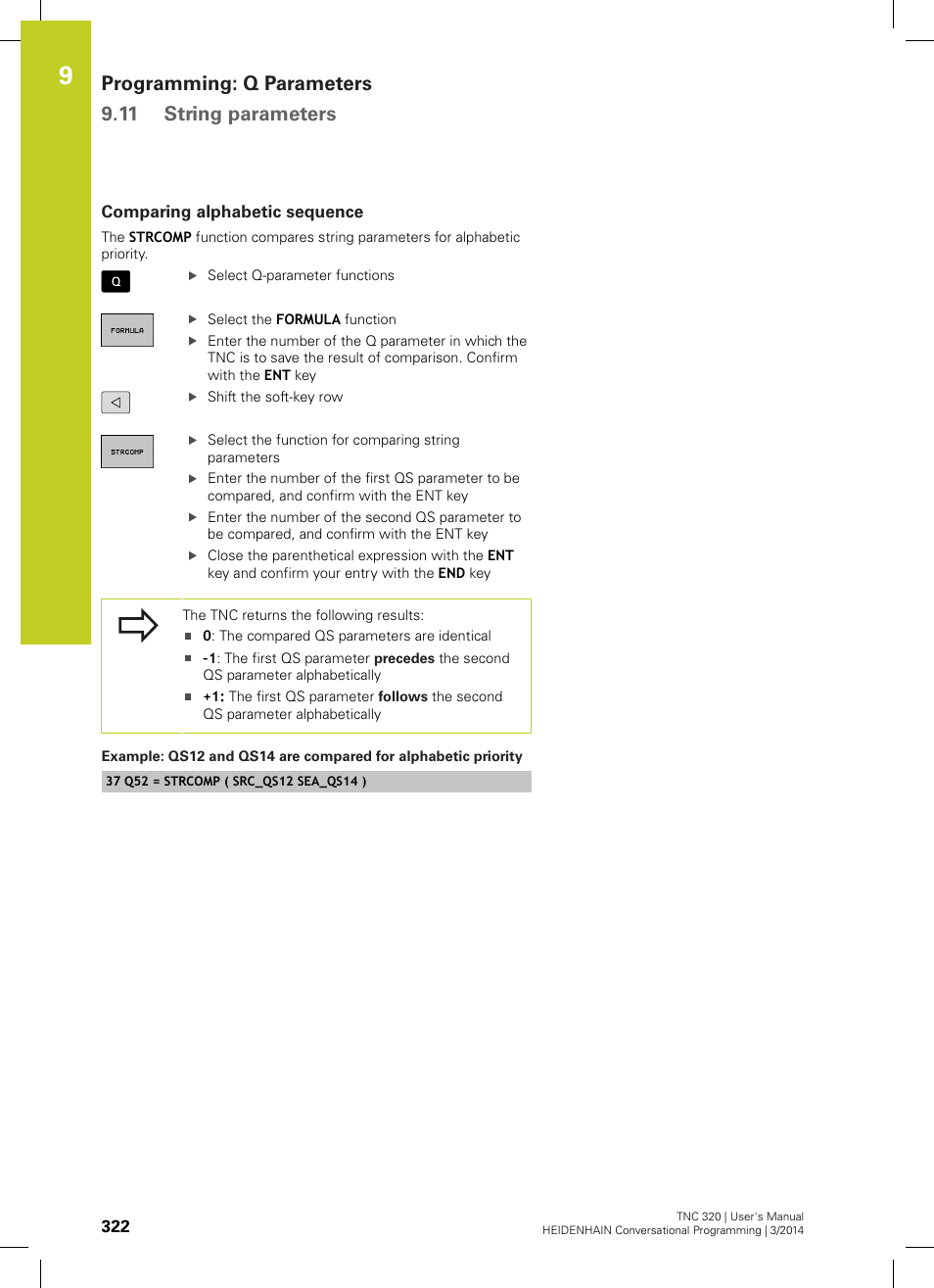 Comparing alphabetic sequence, Programming: q parameters 9.11 string parameters | HEIDENHAIN TNC 320 (77185x-01) User Manual | Page 322 / 581