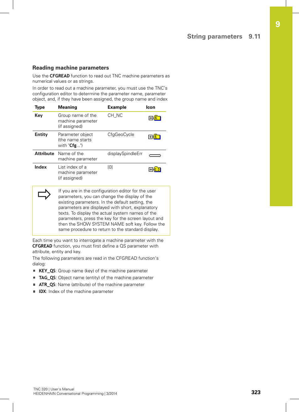 Reading machine parameters, String parameters 9.11 | HEIDENHAIN TNC 320 (77185x-01) User Manual | Page 323 / 581