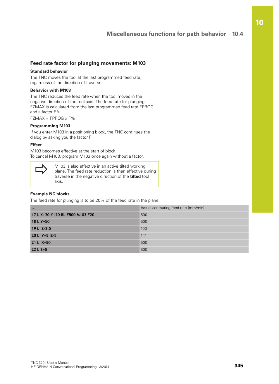 Feed rate factor for plunging movements: m103, Miscellaneous functions for path behavior 10.4 | HEIDENHAIN TNC 320 (77185x-01) User Manual | Page 345 / 581