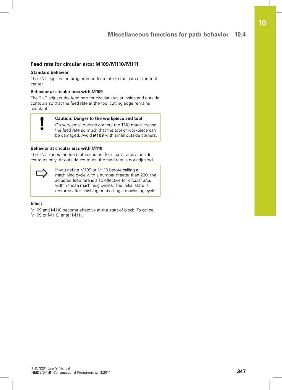 Feed rate for circular arcs: m109/m110/m111, Miscellaneous functions for path behavior 10.4 | HEIDENHAIN TNC 320 (77185x-01) User Manual | Page 347 / 581