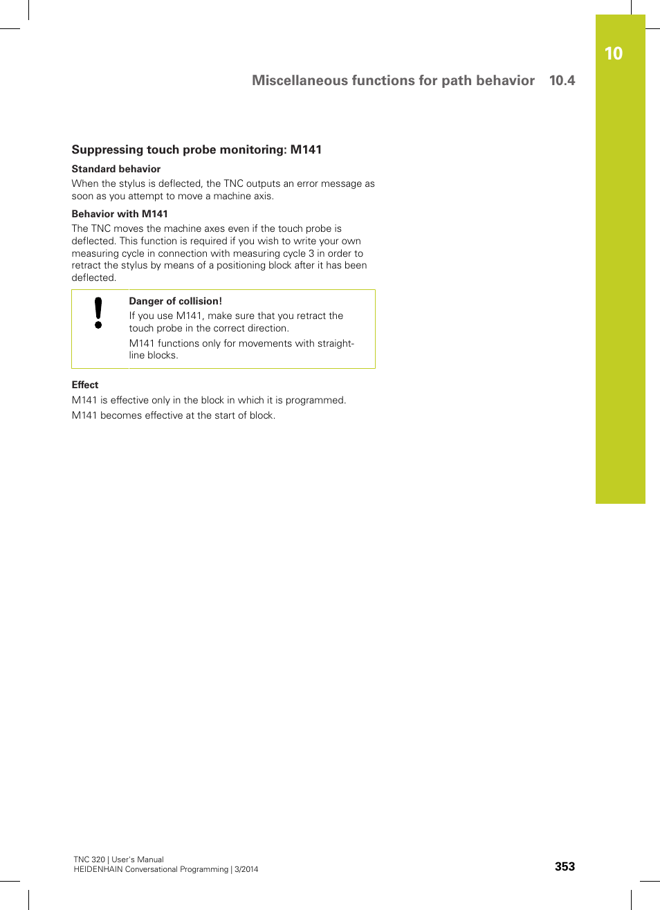 Suppressing touch probe monitoring: m141, Miscellaneous functions for path behavior 10.4 | HEIDENHAIN TNC 320 (77185x-01) User Manual | Page 353 / 581