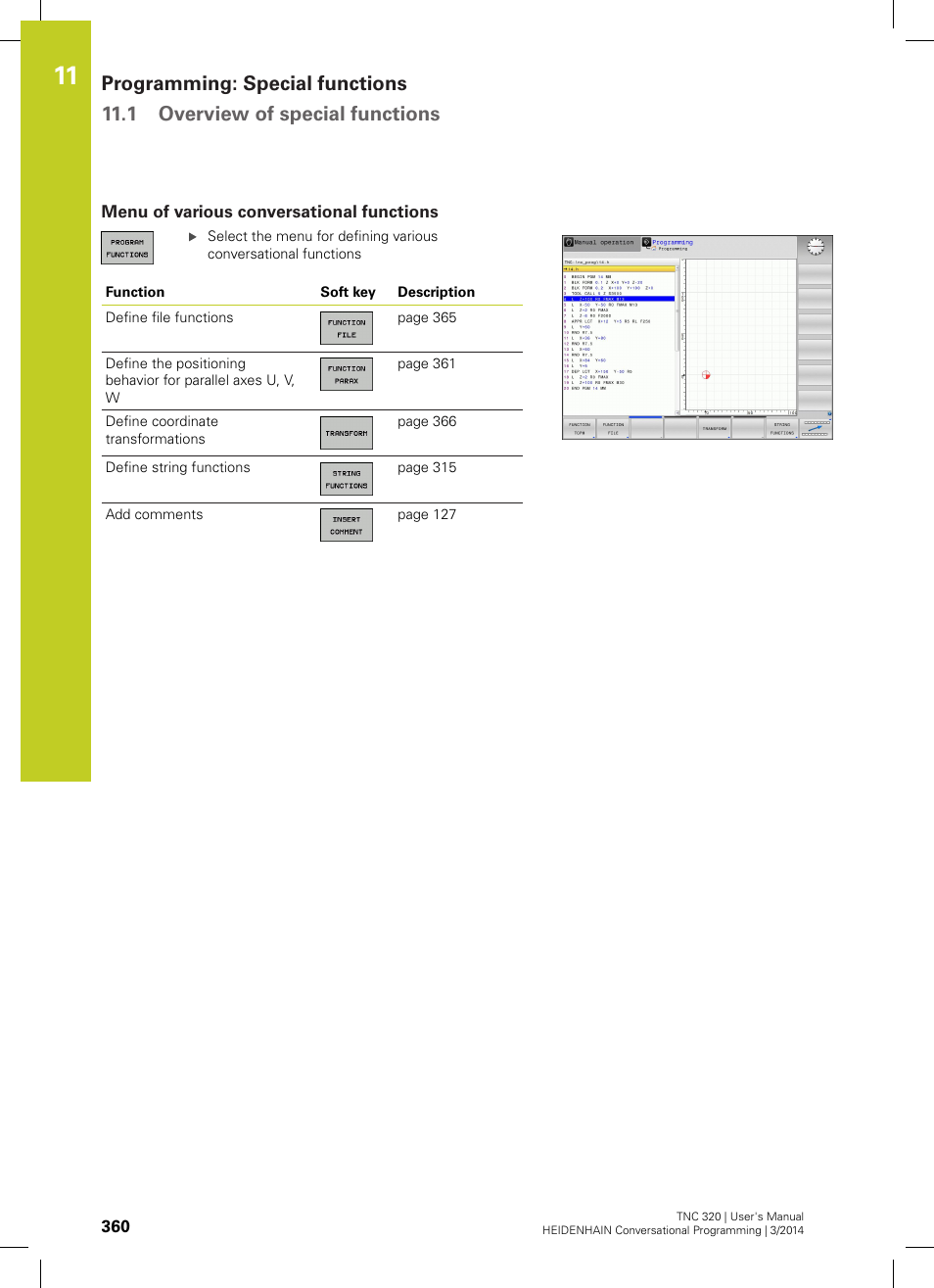 Menu of various conversational functions | HEIDENHAIN TNC 320 (77185x-01) User Manual | Page 360 / 581