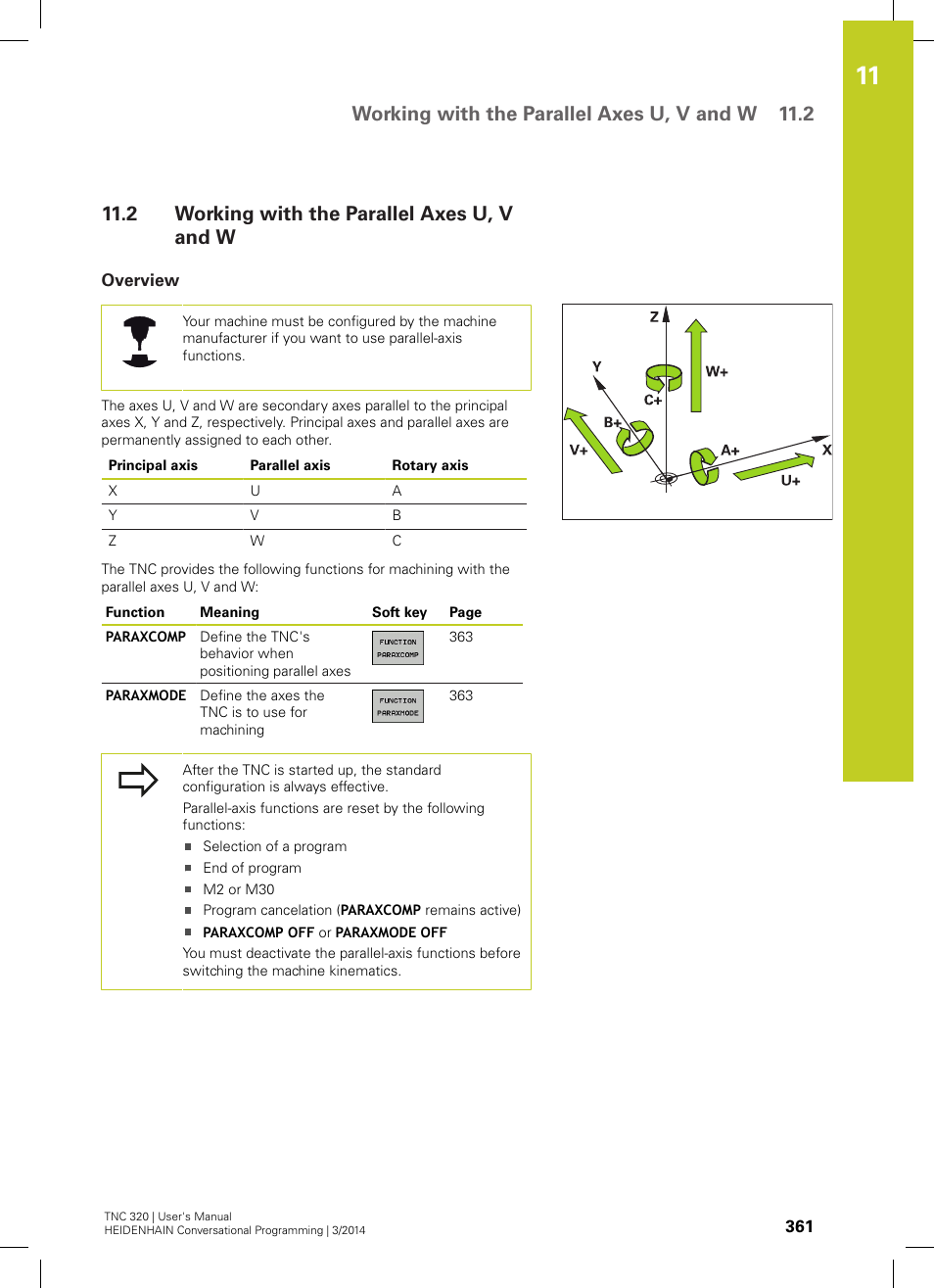 2 working with the parallel axes u, v and w, Overview, Working with the parallel axes u, v and w | Working with the parallel axes u, v and w 11.2 | HEIDENHAIN TNC 320 (77185x-01) User Manual | Page 361 / 581