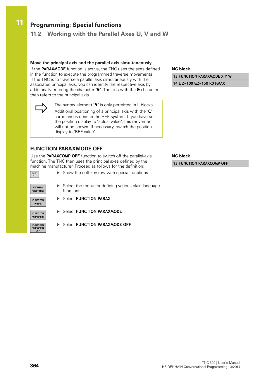 Function paraxmode off | HEIDENHAIN TNC 320 (77185x-01) User Manual | Page 364 / 581