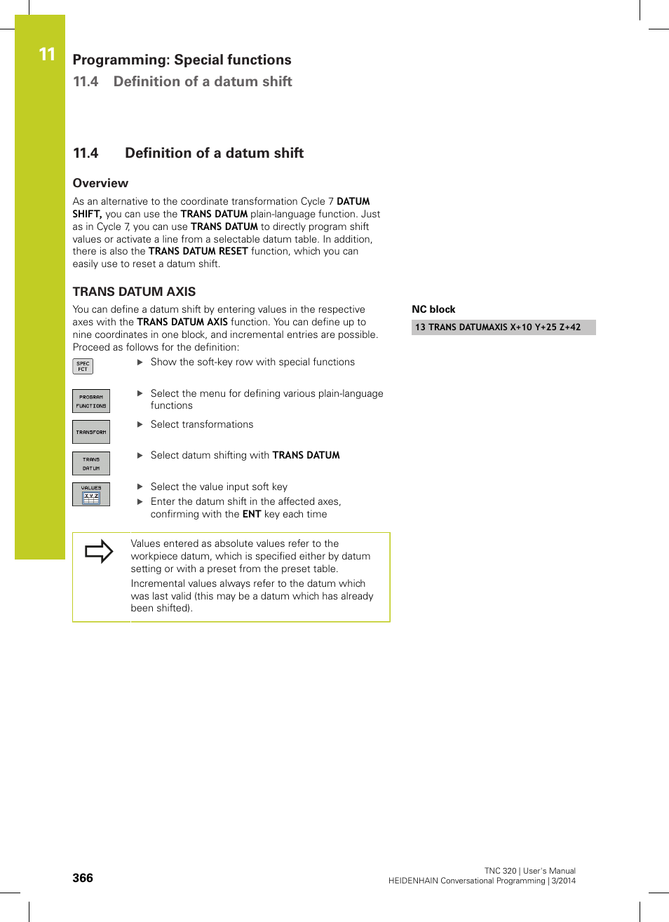 4 definition of a datum shift, Overview, Trans datum axis | Definition of a datum shift | HEIDENHAIN TNC 320 (77185x-01) User Manual | Page 366 / 581