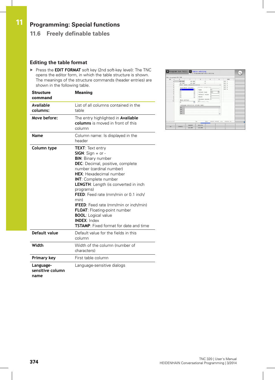 Editing the table format | HEIDENHAIN TNC 320 (77185x-01) User Manual | Page 374 / 581