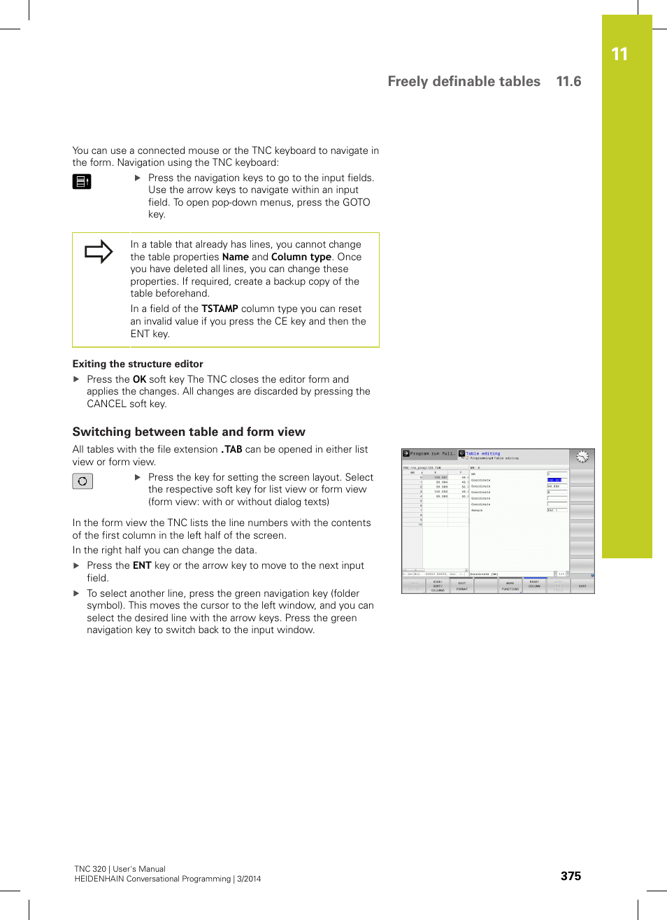 Switching between table and form view, Freely definable tables 11.6 | HEIDENHAIN TNC 320 (77185x-01) User Manual | Page 375 / 581