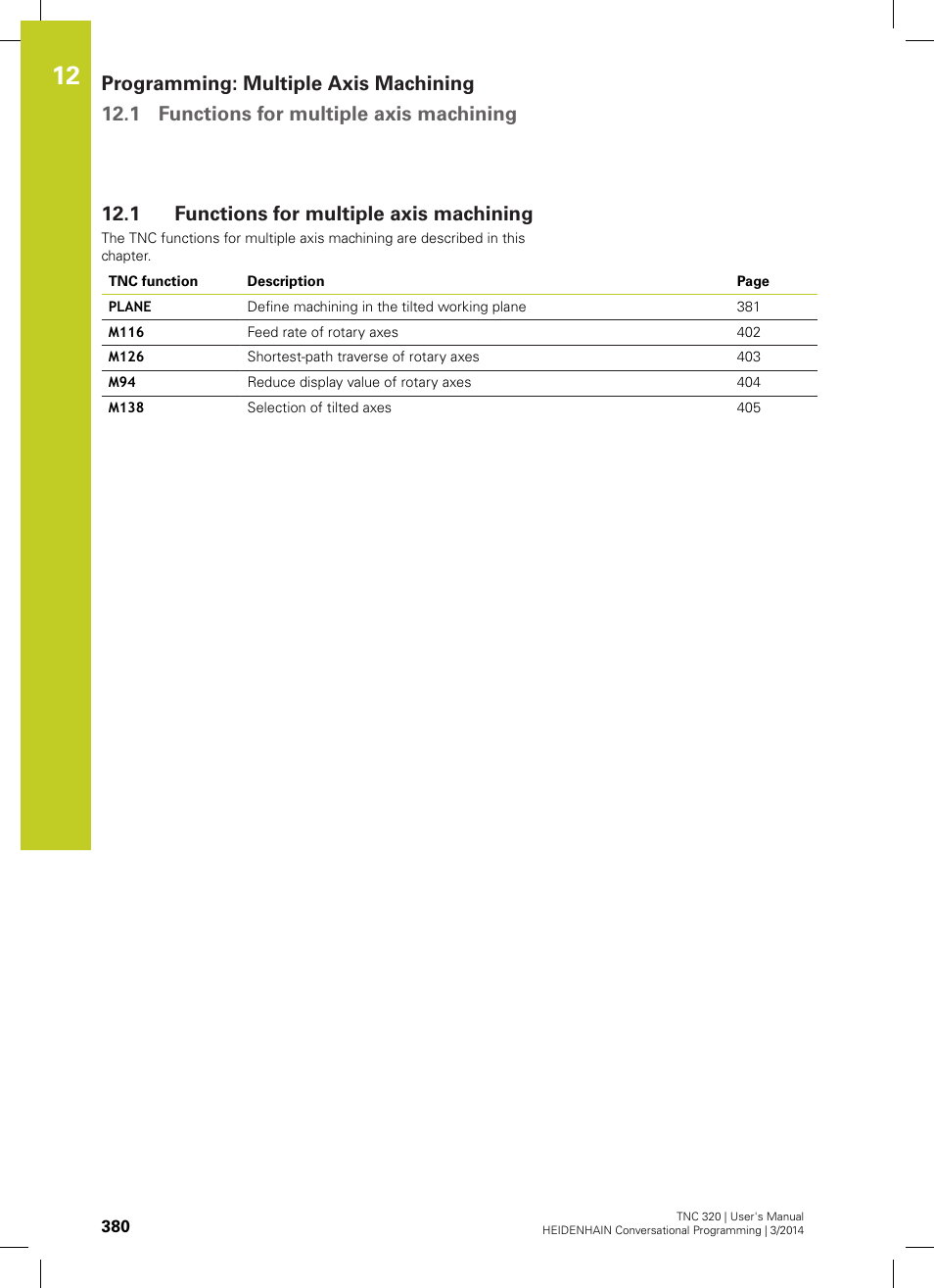 1 functions for multiple axis machining, Functions for multiple axis machining | HEIDENHAIN TNC 320 (77185x-01) User Manual | Page 380 / 581