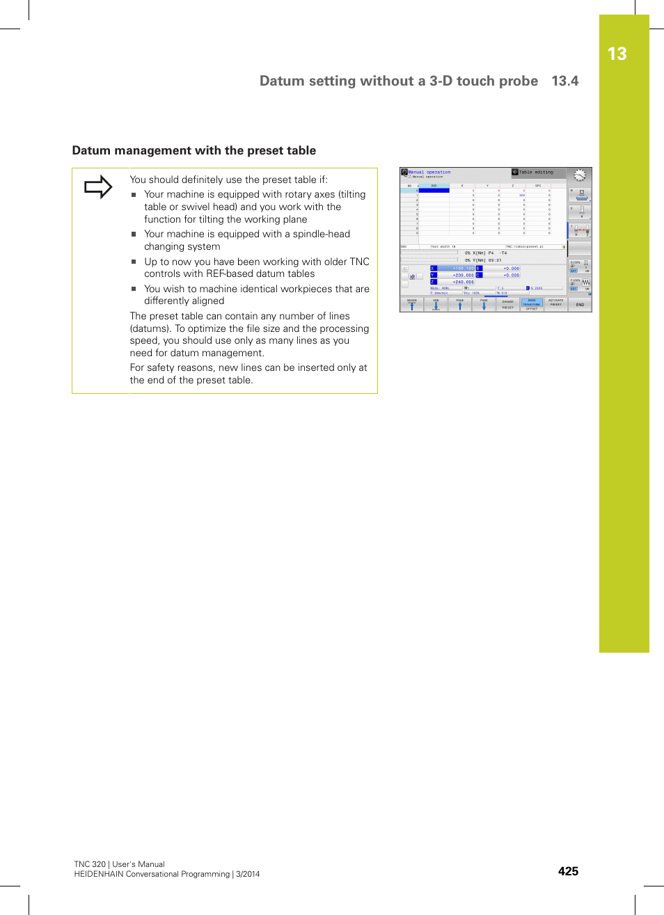 Datum management with the preset table, Datum setting without a 3-d touch probe 13.4 | HEIDENHAIN TNC 320 (77185x-01) User Manual | Page 425 / 581