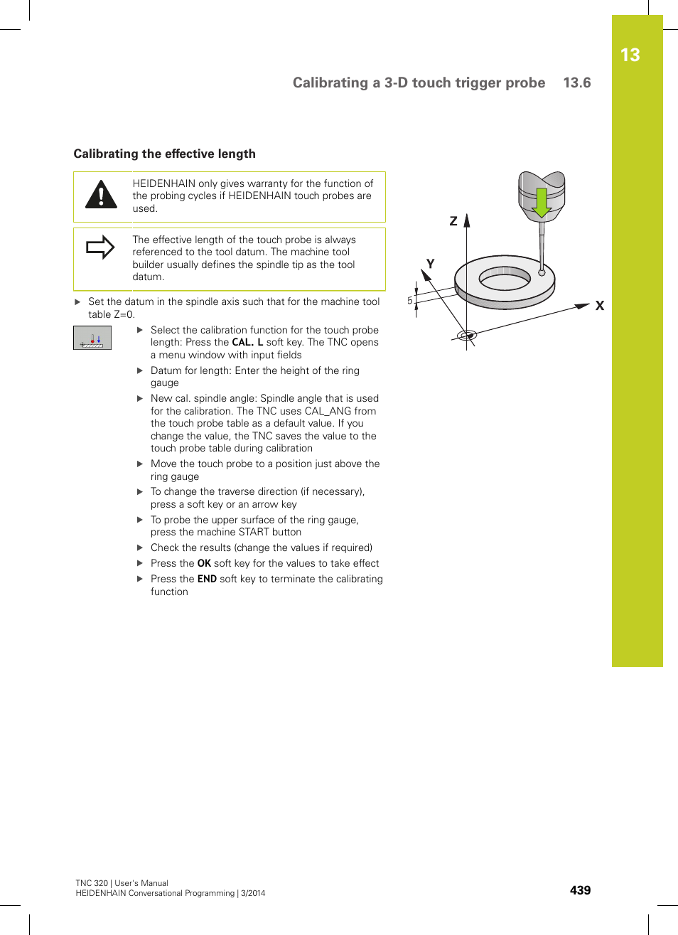 Calibrating the effective length, Calibrating a 3-d touch trigger probe 13.6 | HEIDENHAIN TNC 320 (77185x-01) User Manual | Page 439 / 581