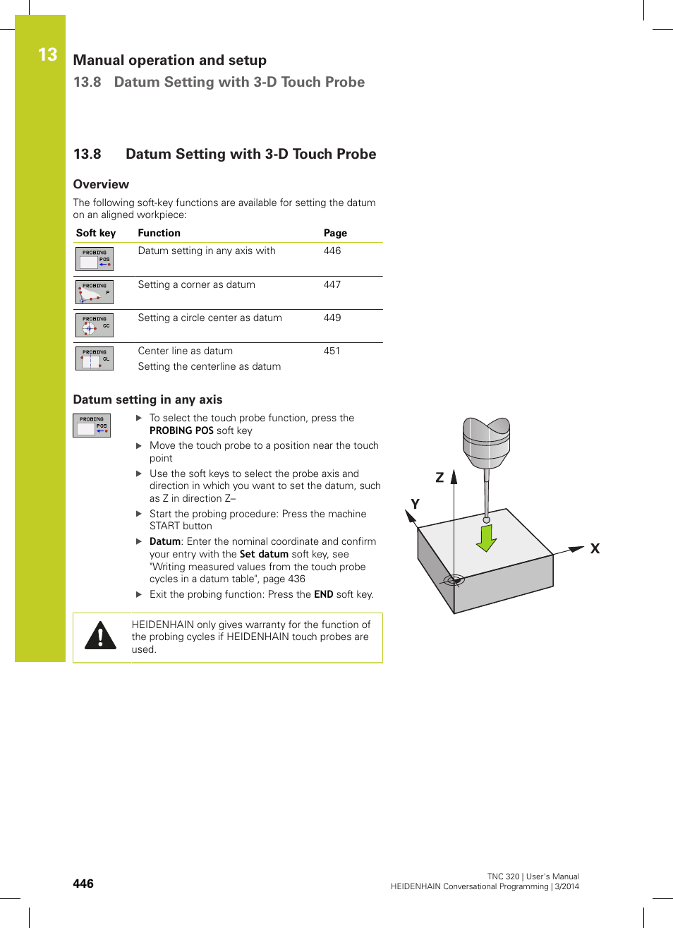 8 datum setting with 3-d touch probe, Overview, Datum setting in any axis | Datum setting with 3-d touch probe | HEIDENHAIN TNC 320 (77185x-01) User Manual | Page 446 / 581