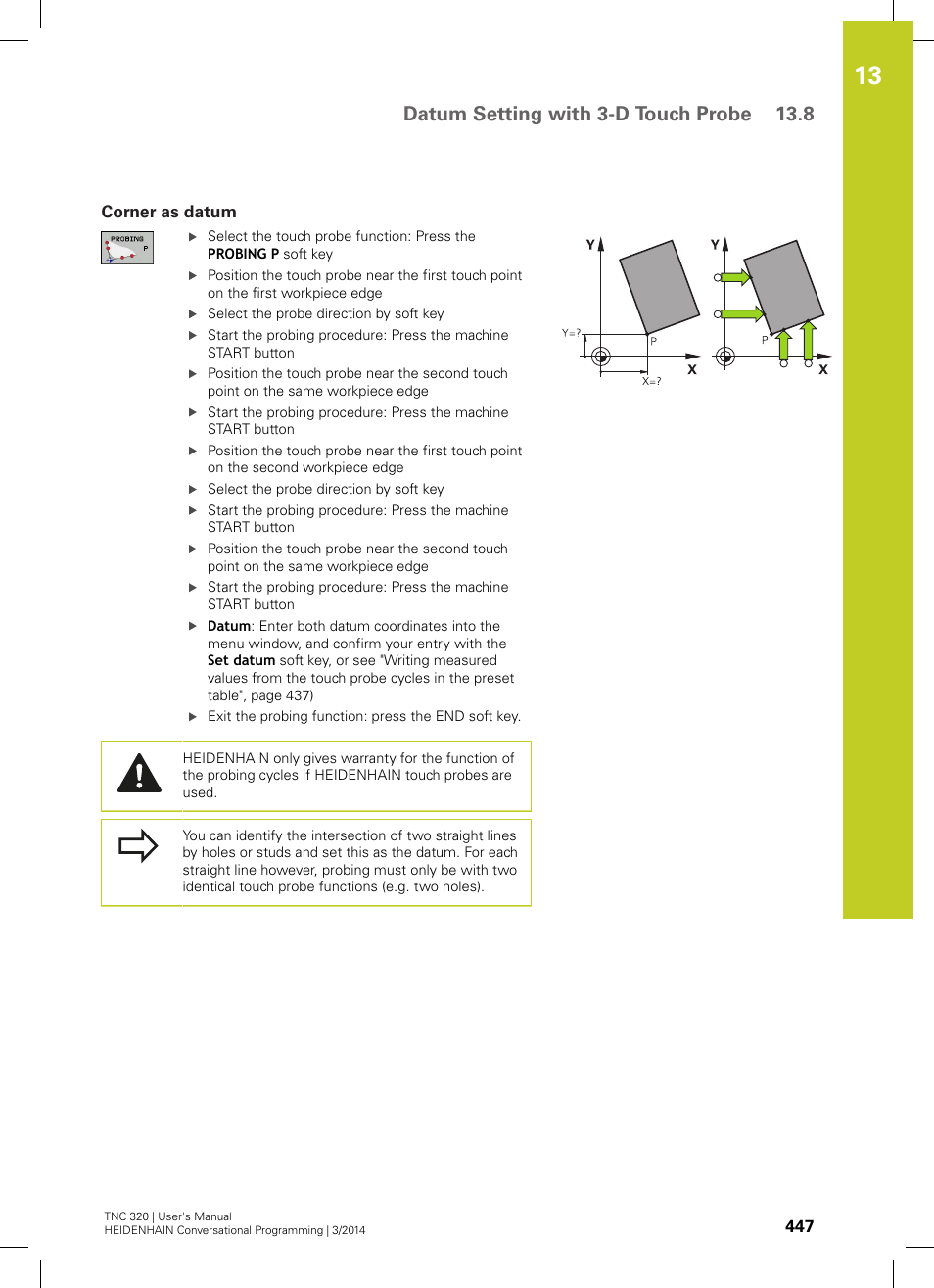 Corner as datum, Datum setting with 3-d touch probe 13.8 | HEIDENHAIN TNC 320 (77185x-01) User Manual | Page 447 / 581