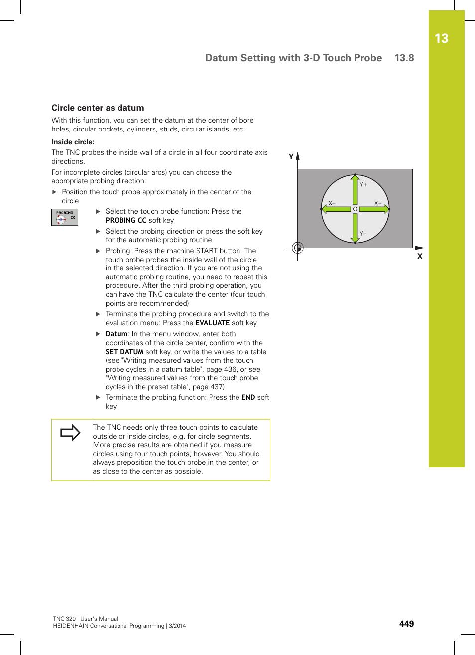 Circle center as datum, Datum setting with 3-d touch probe 13.8 | HEIDENHAIN TNC 320 (77185x-01) User Manual | Page 449 / 581