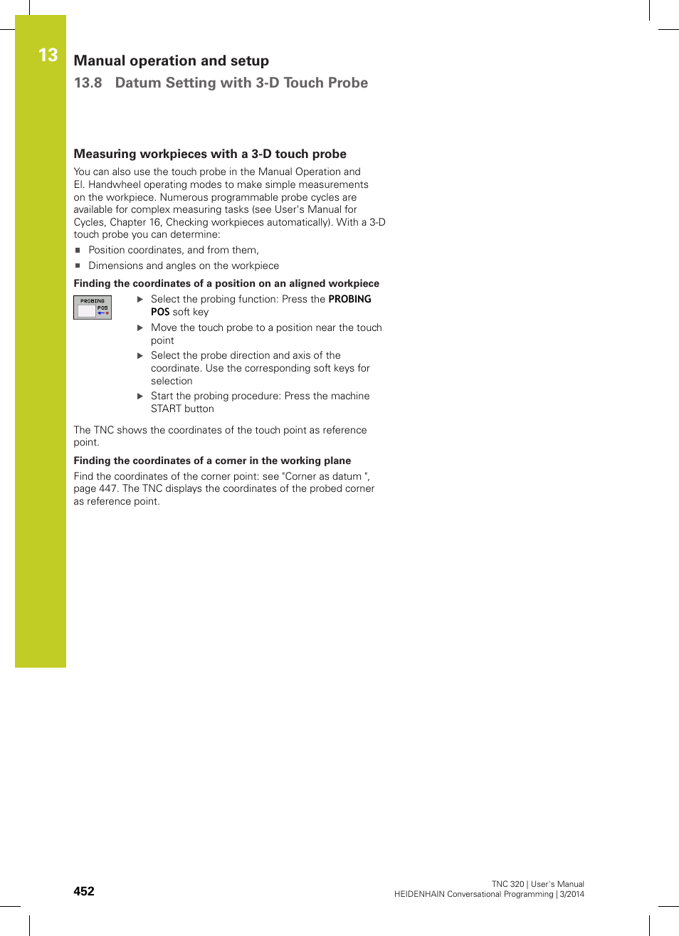 Measuring workpieces with a 3-d touch probe | HEIDENHAIN TNC 320 (77185x-01) User Manual | Page 452 / 581