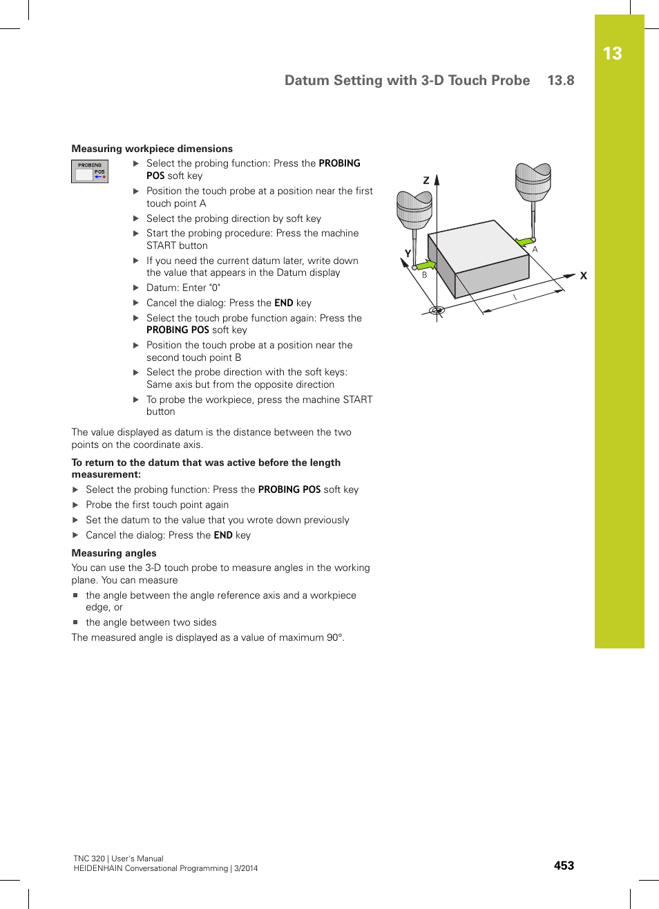 Datum setting with 3-d touch probe 13.8 | HEIDENHAIN TNC 320 (77185x-01) User Manual | Page 453 / 581