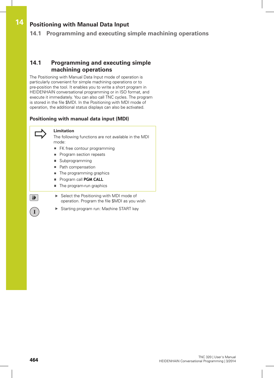 Positioning with manual data input (mdi) | HEIDENHAIN TNC 320 (77185x-01) User Manual | Page 464 / 581