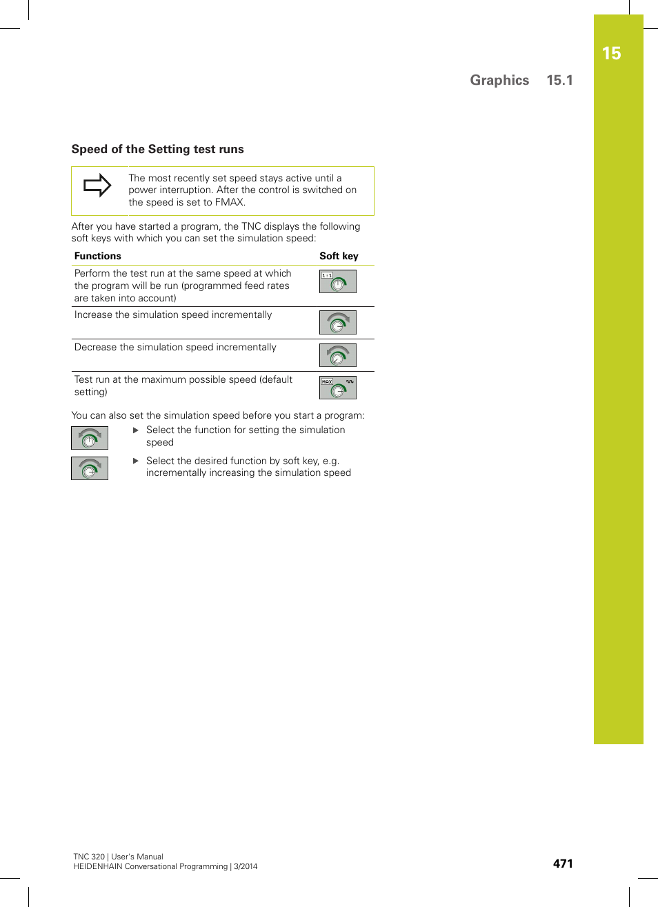 Speed of the setting test runs, See "speed of the setting test, Graphics 15.1 | HEIDENHAIN TNC 320 (77185x-01) User Manual | Page 471 / 581